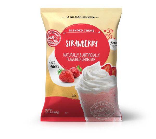 Frozen Strawberry powdered mix in container with frozen drink image on container
