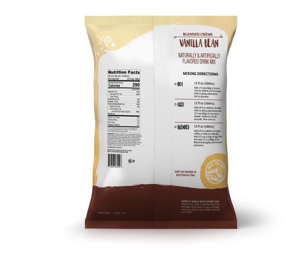 Frozen Vanilla Bean powdered mix in container with nutritional facts and directions