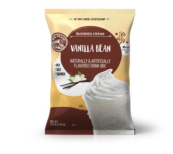 Frozen Vanilla Bean powdered mix in container with frozen drink image on container