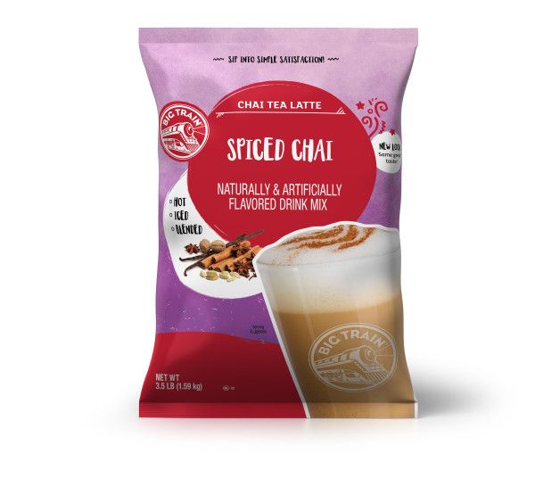Spiced Chai powdered mix in container with drink image on container