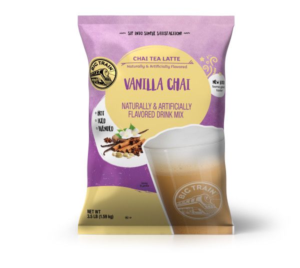 Vanilla Chai powdered mix in container with frozen drink image on container