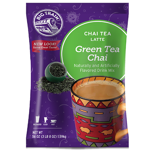 Frozen Green Tea Chai powdered mix in container with frozen drink image on container