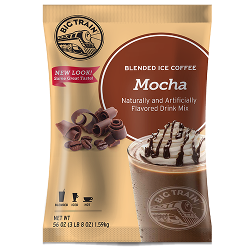 Frozen Mocha powdered mix in container with frozen drink image on container