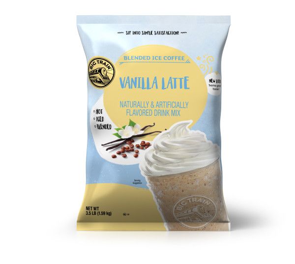 Frozen Vanilla Latte powdered mix in container with frozen drink image on container