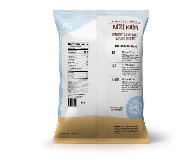 Frozen Toffee Mocha powdered mix in container with nutritional facts and directions