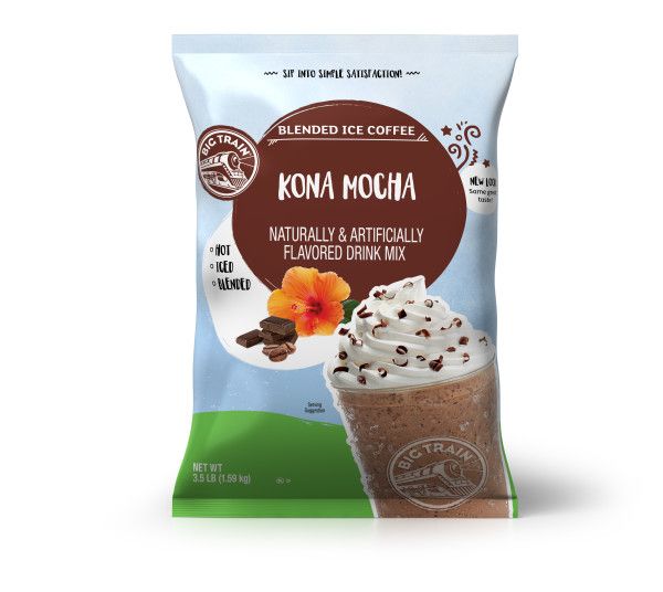 Frozen Kona Mocha powdered mix in container with frozen drink image on container
