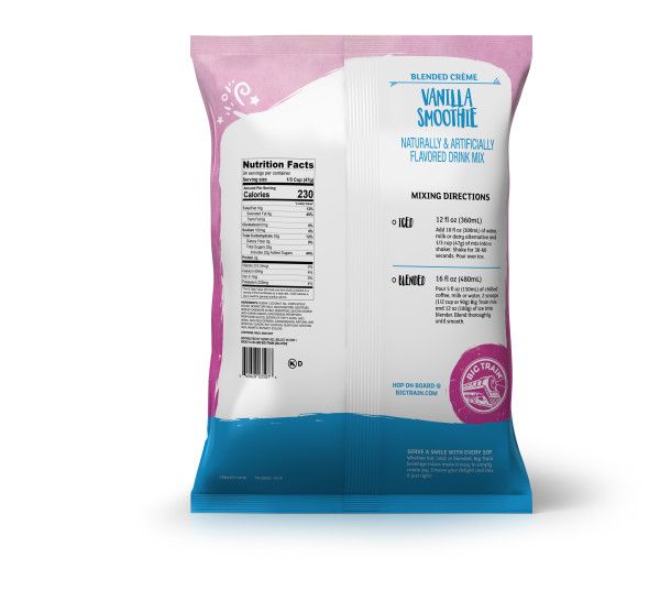 Frozen Vanilla Smoothie powdered mix in container with nutritional facts and directions
