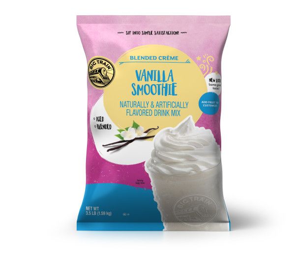 Frozen Vanilla Smoothie powdered mix in container with frozen drink image on container