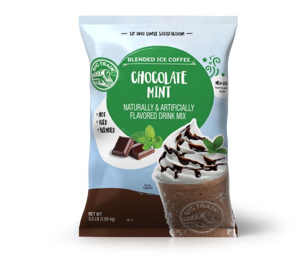 Frozen Chocolate Mint powdered mix in container with frozen drink image on container