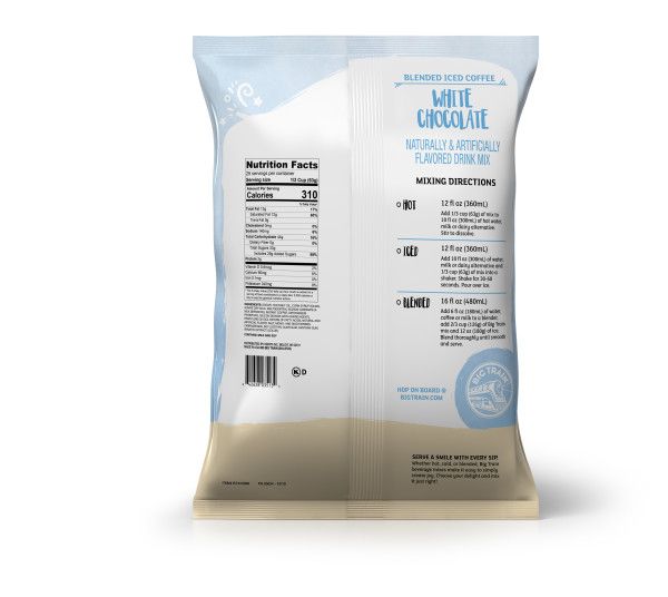 Frozen White Chocolate powdered mix in container with nutritional facts and directions