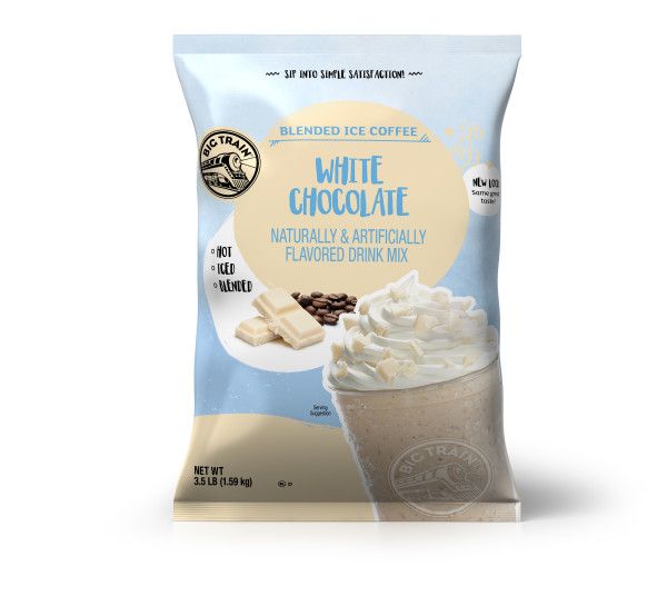Frozen White Chocolate powdered mix in container with frozen drink image on container