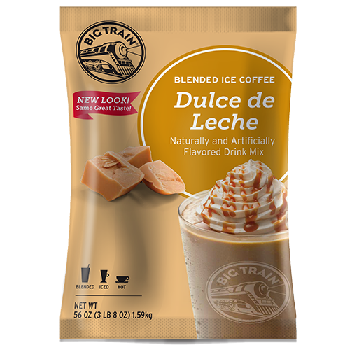 Frozen Dulce de Leche powdered mix in container with frozen drink image on container
