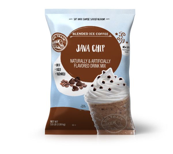 Frozen Java Chip powdered mix in container with frozen drink image on container