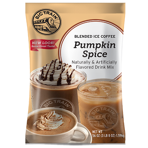 Pumpkin Spice powdered mix in container with drink image on container
