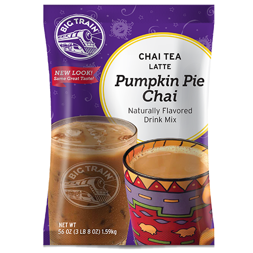 Pumpkin Pie Chai powdered mix in container with drink image on container