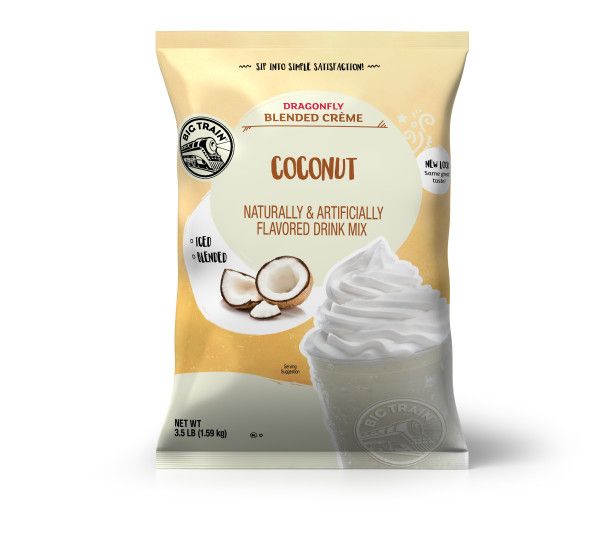 Frozen Coconut powdered mix in container with frozen drink image on container