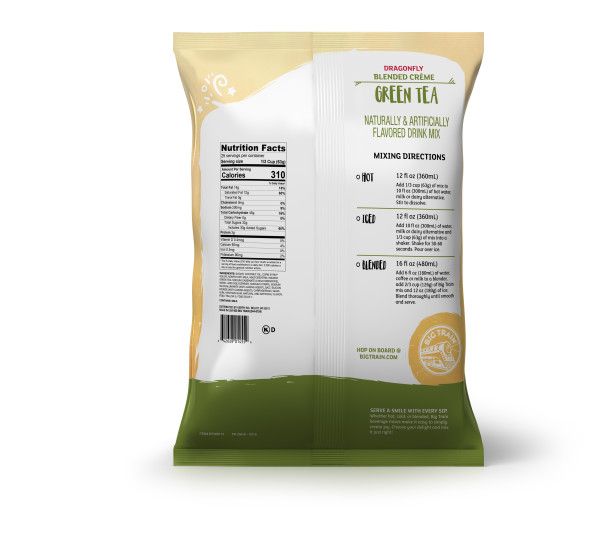 Frozen Green Tea powdered mix in container with nutritional facts and directions