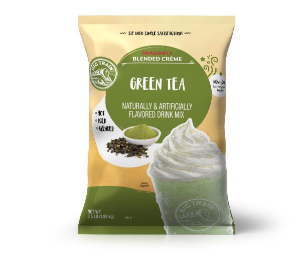 Frozen Green Tea powdered mix in container with frozen drink image on container