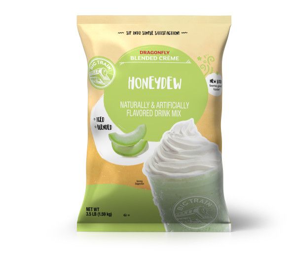 Frozen Honeydew powdered mix in container with frozen drink image on container