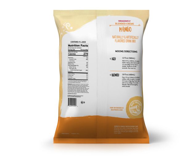 Frozen Mango powdered mix in container with nutritional facts and directions