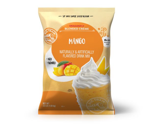 Frozen Mango powdered mix in container with frozen drink image on container