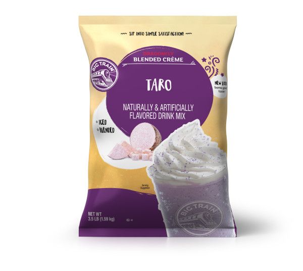 Frozen Taro powdered mix in container with frozen drink image on container