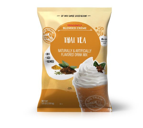 Frozen Thai Tea powdered mix in container with frozen drink image on container