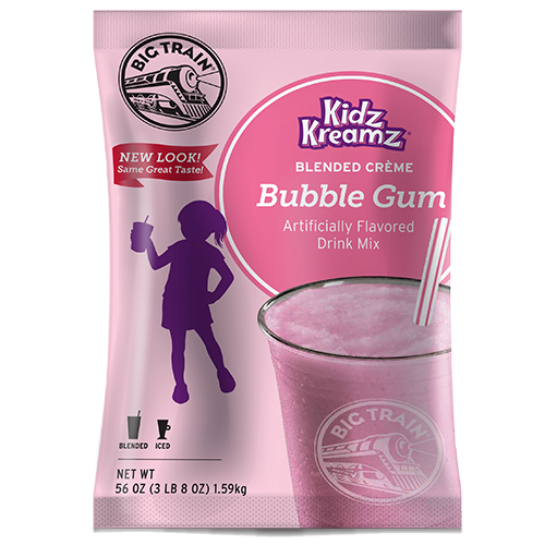 Bubble gum frozen drink mix in container with frozen drink on the bag