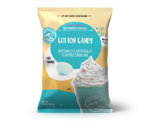 Frozen Cotton Candy powdered mix in container with frozen drink image on container