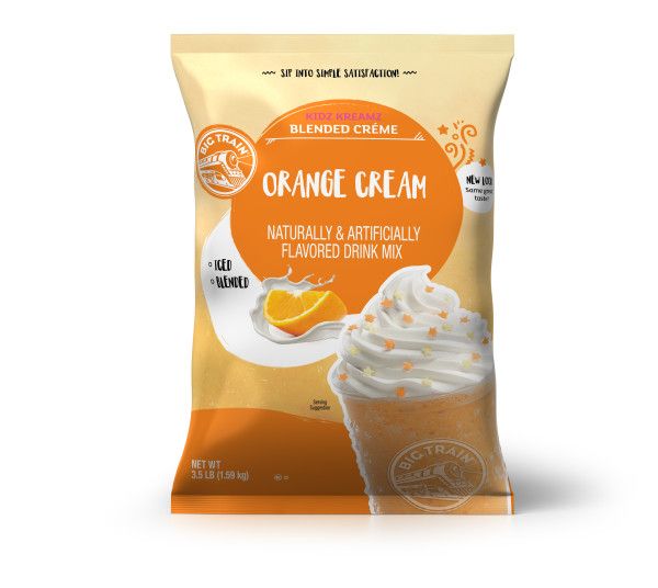 Frozen Orange Cream powdered mix in container with frozen drink image on container