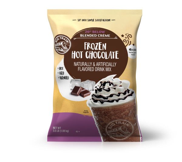 Frozen hot chocolate powdered mix in 3.5 lb bag with frozen drink on the bag