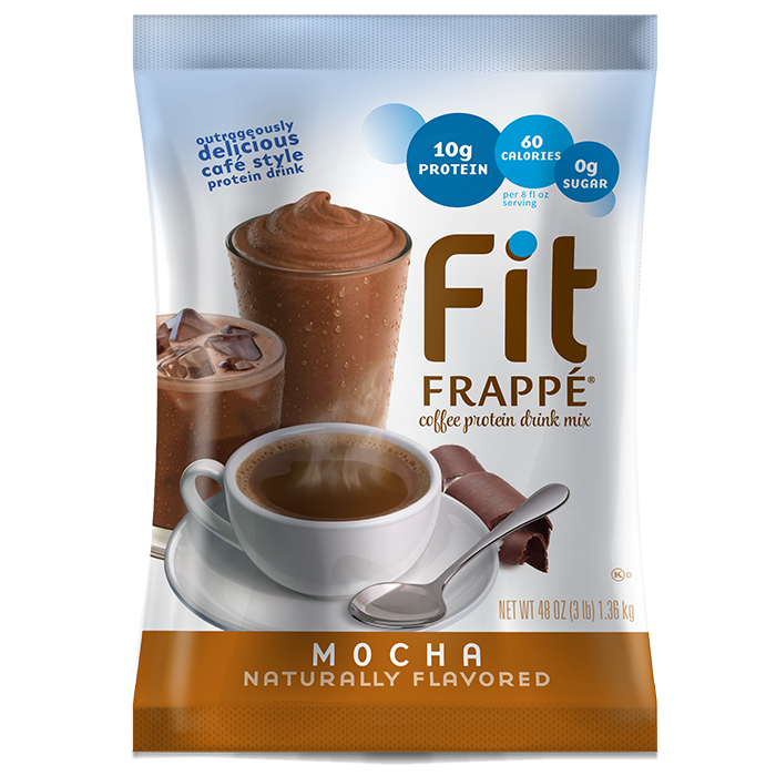 Frozen Mocha protein powdered mix in container with frozen drink image on container