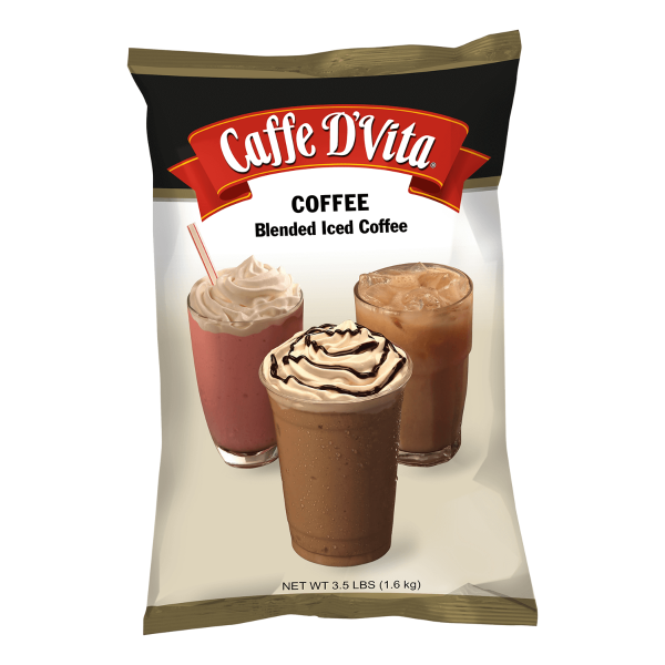 Coffee powdered mix in container with 3 drink images on container