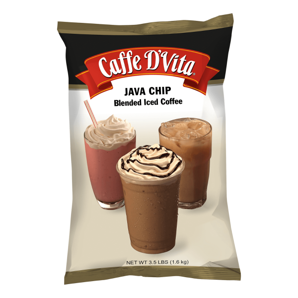 Java Chip powdered mix in container with 3 drink images on container