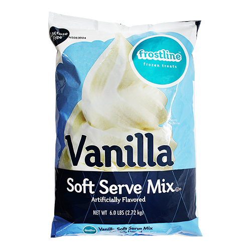 Vanilla soft serve mix in blue 6lb bag with ice cream image on front of package