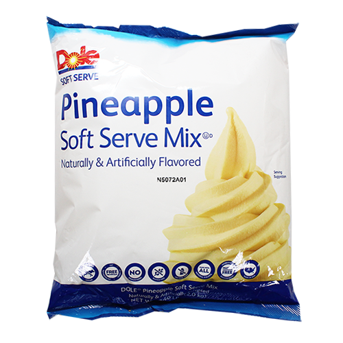 Pineapple dole soft serve mix in blue and white 4.4lb bag with ice cream image on the packaging