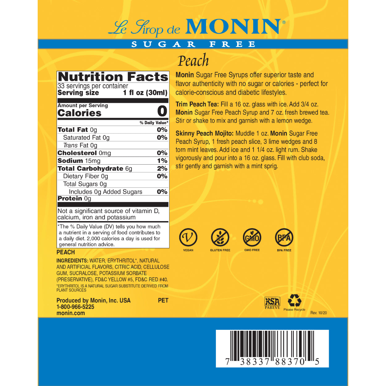 Monin Sugar Free Peach Syrup nutrition facts and recipe label