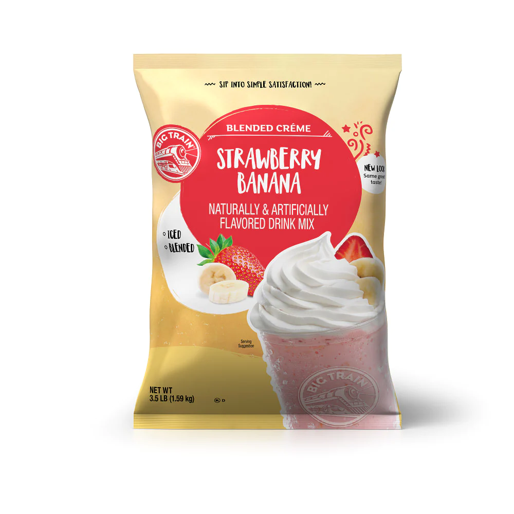 Frozen Strawberry Banana powdered mix in container with frozen drink image on container