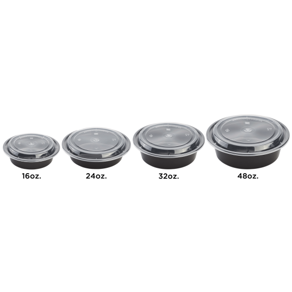 Karat PP Plastic Microwavable Round Food Containers & Lids, Black in multiple sizes