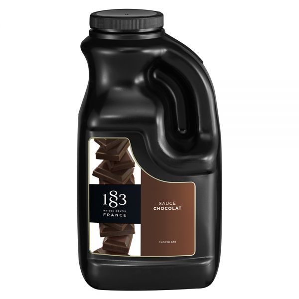 1883 Maison Routin Chocoalte Sauce in a 64 fluid ounce black bottle.