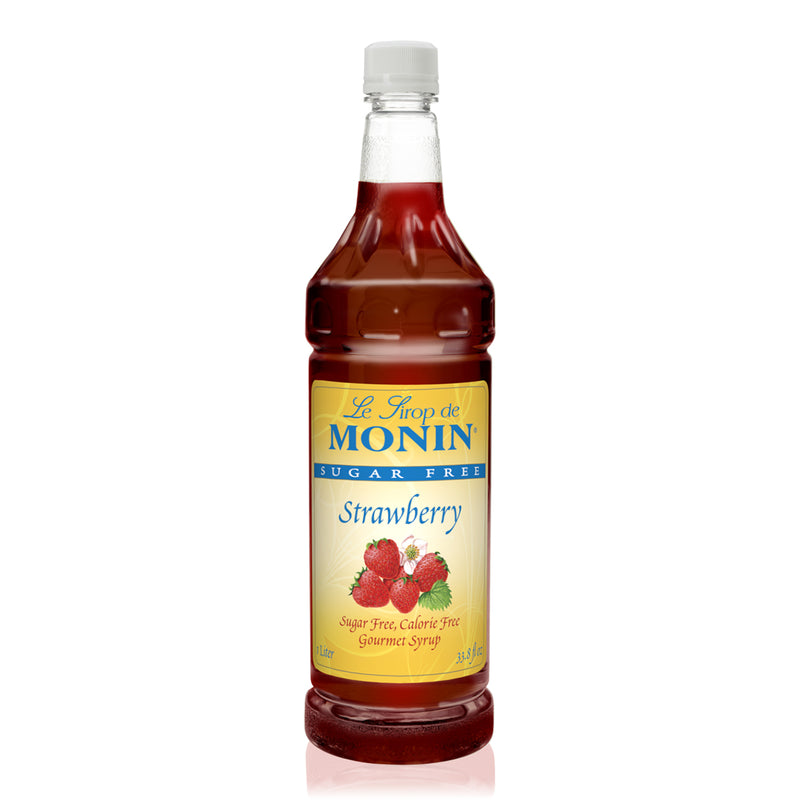Monin Sugar Free Strawberry Syrup in clear 1 L bottle