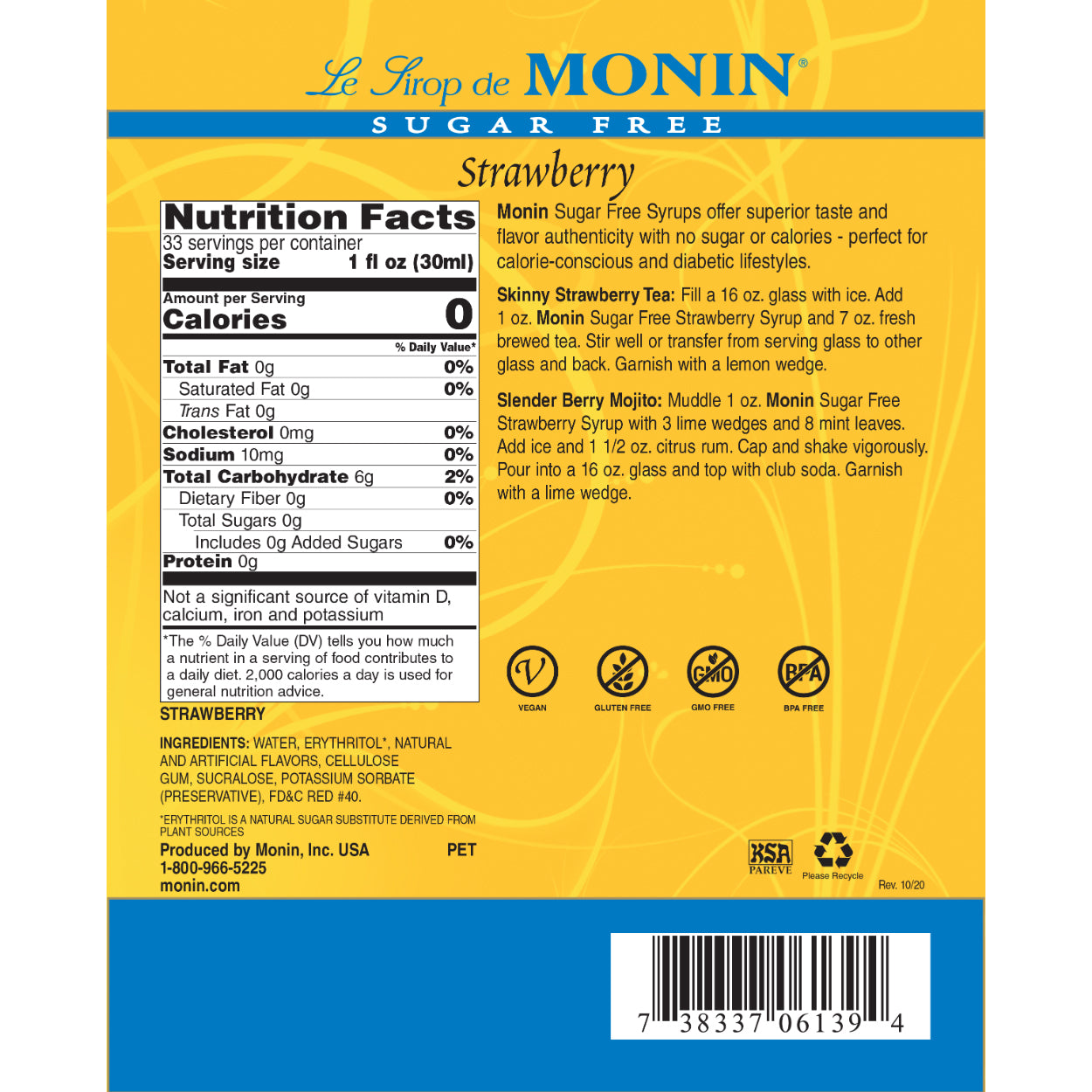 Monin Sugar Free Strawberry Syrup nutrition facts and recipe label