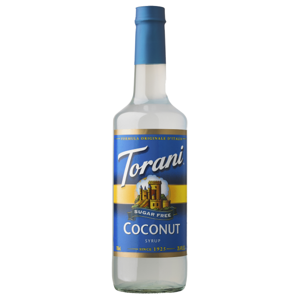 Torani Sugar Free Coconut Syrup in clear 750 mL bottle