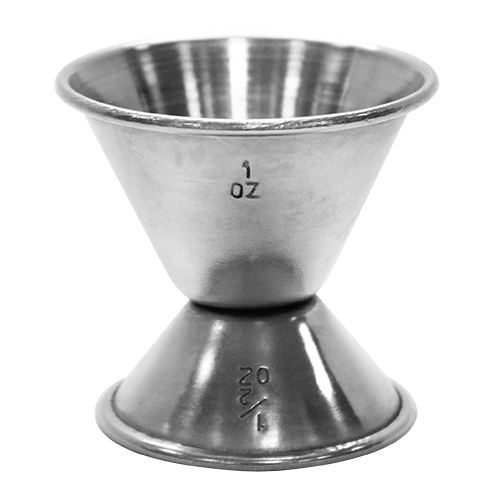 Jigger cocktail measure that is 1 oz and ,5 oz in silver
