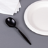 Black Karat PS Plastic Medium Weight Soup Spoon next to paper plate