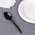 Black Karat PS Plastic Medium Weight Tea Spoons Bulk Box next to paper plate