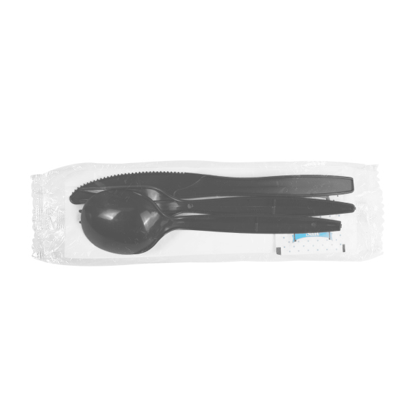 PP Plastic Medium-Heavy Weight Cutlery Kits with Salt and Pepper, Black - 250 kits