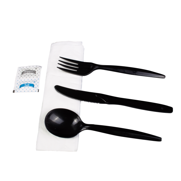 PP Plastic Medium-Heavy Weight Cutlery Kits with Salt and Pepper, Black - 250 kits