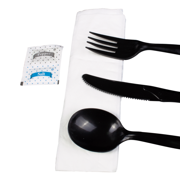 PP Plastic Medium-Heavy Weight Cutlery Kits with Salt and Pepper, Black - 250 kits