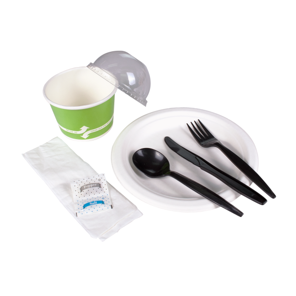 PP Plastic Medium-Heavy Weight Cutlery Kits with Salt and Pepper, Black - 250 kits